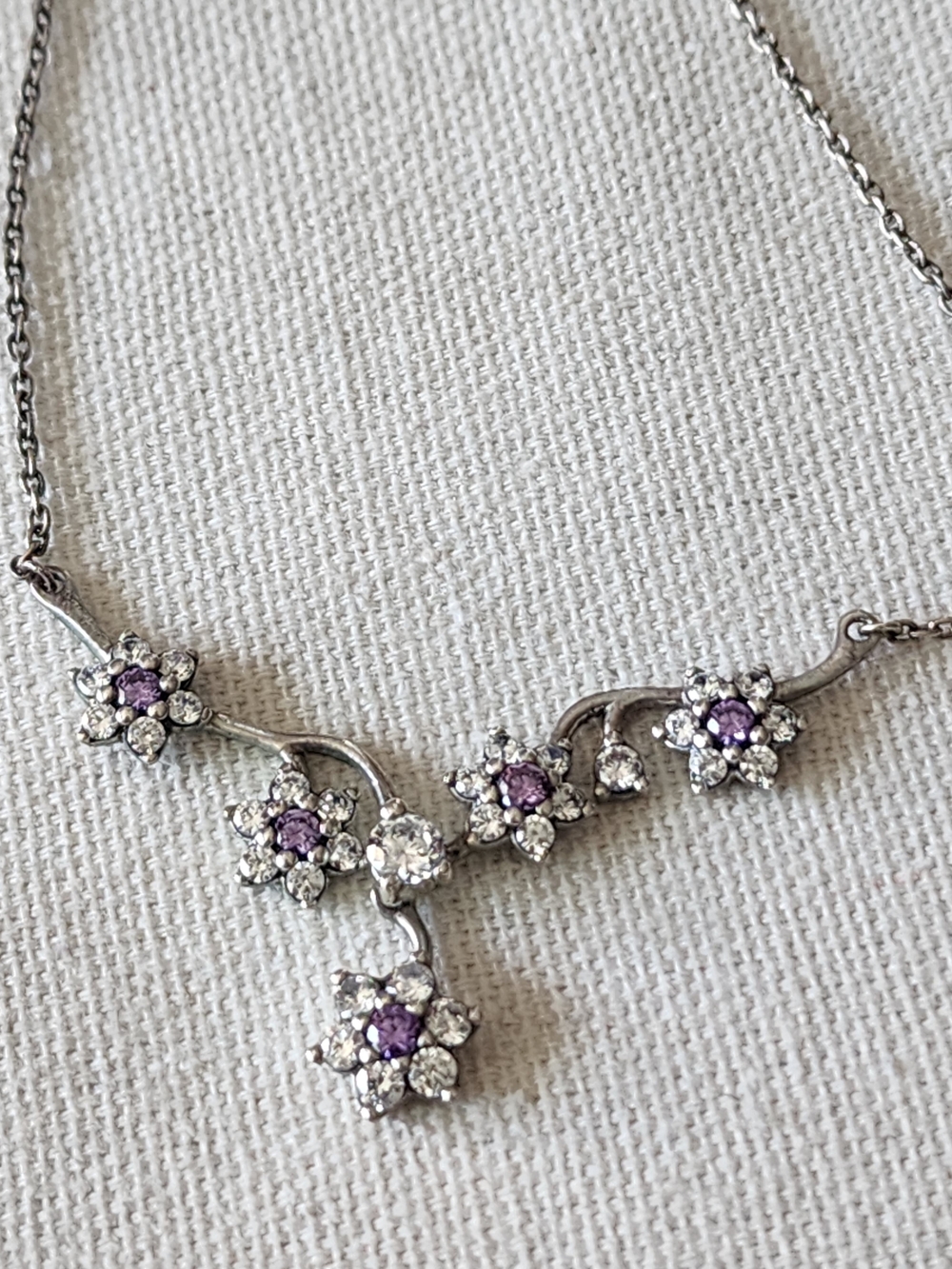 Pandora Sterling Silver Floral Necklace with Purple And Clear Stones